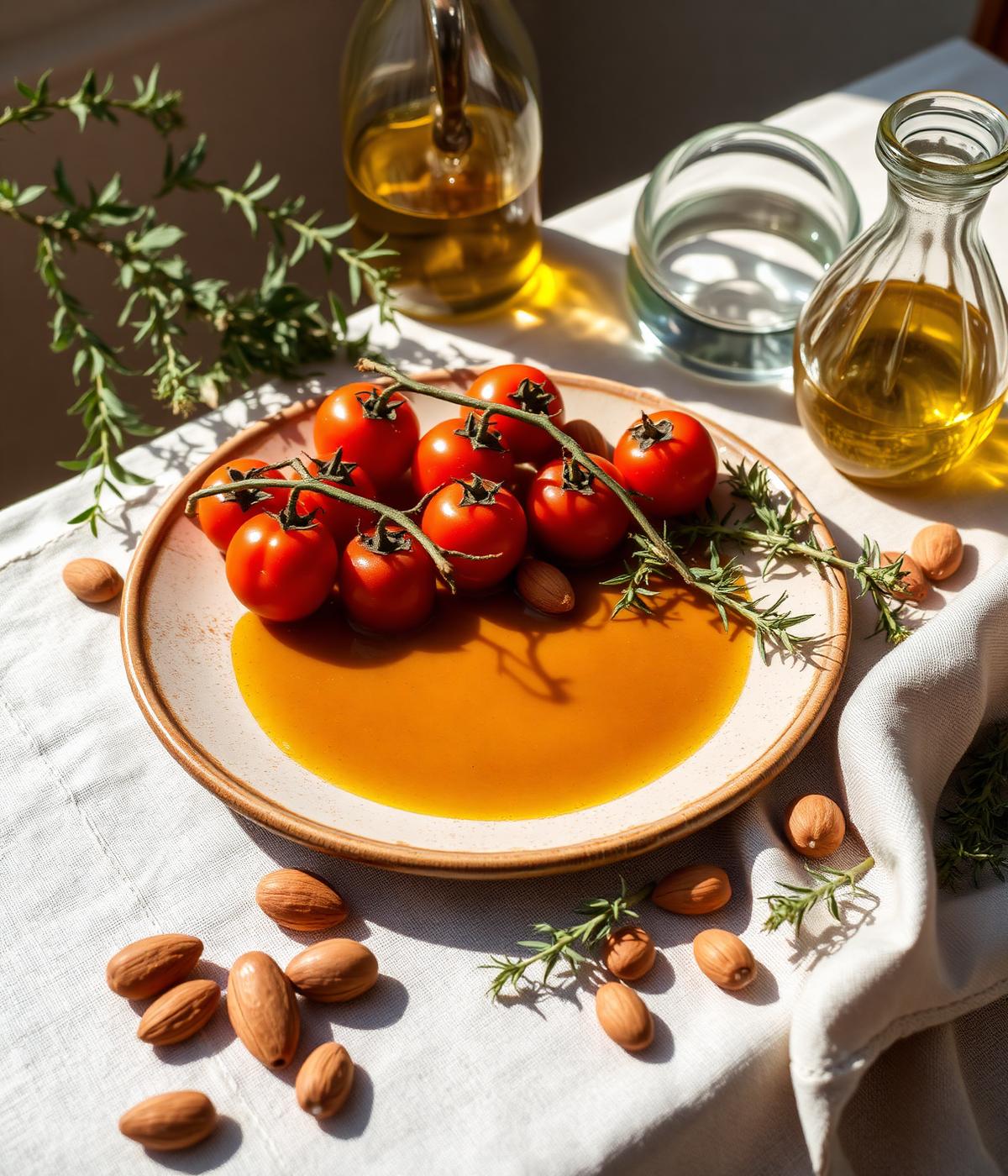 Das Mallorca Prinzip — Ernährung & Wohlbefinden: mediterraner Tisch mit Olivenöl, Tomaten und Mandeln